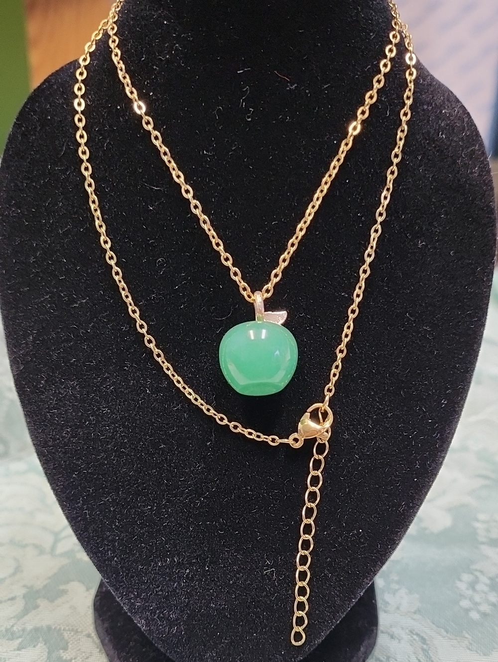 Gold-Tone Necklace with Green Apple Gemstone Pendant!